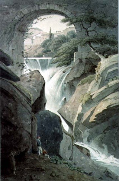 The Falls of Tivoli med tre figurer i forgrunnen (wc) av John Warwick Smith