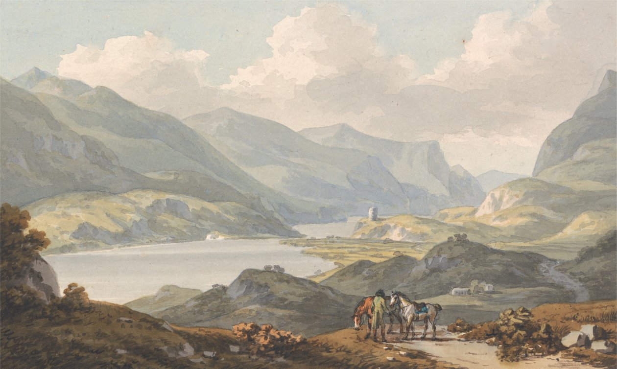 The Lakes of Llanberis - fra veien fra Caernarfon Skal til Llanberis, Caernarfonshire av John Warwick Smith