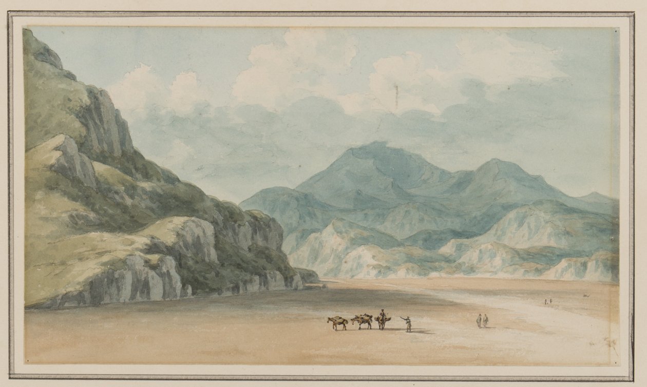 Utsikt over Fraeth Mawr Sands, mot Snowdon, ved å krysse dem mellom Penmorsa og Cynant, Merionethshire, 21. juli 1795 (wc på papir) av John Warwick Smith
