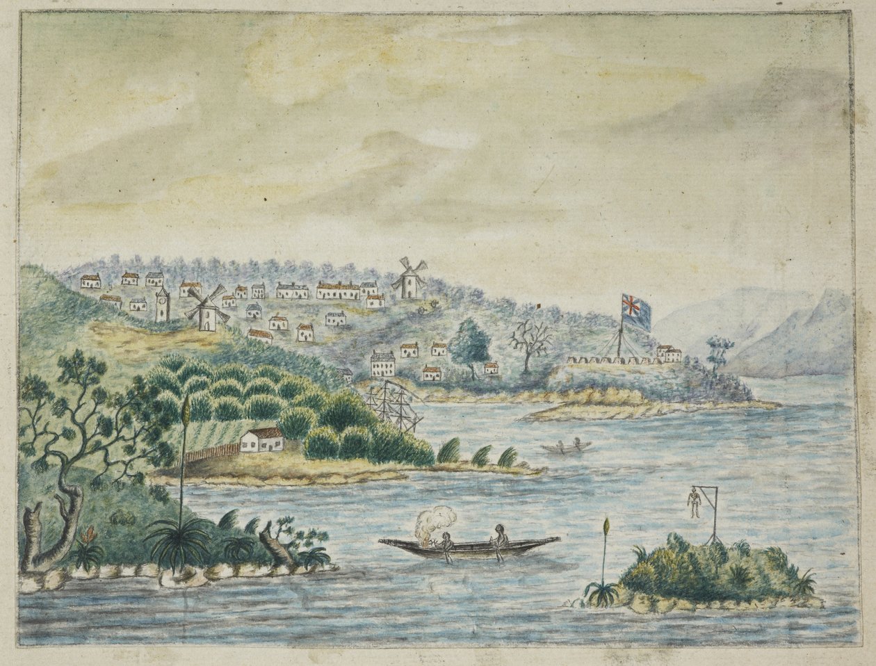 Legge til. 13880, f.79 Utsikt over en britisk koloni. I forgrunnen, innfødte i en kano, fra en Journal holdt om bord på Minerva-transporten, fra Irland til New South Wales og Bengal, av John Washington Price av John Washington Price
