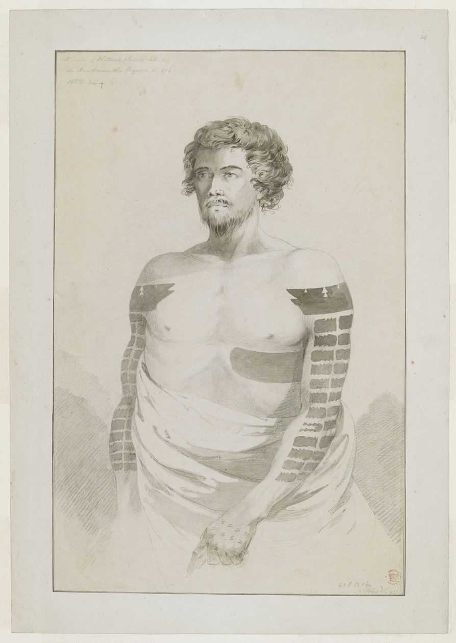 (Hele tegningen) Portrett av en sjef i Borabora, [Puni?]; en skjeggete mann med armer tungt tatovert med flate rektangulære flekker, og en stor lapp på venstre side. desember 1777 av John Webber