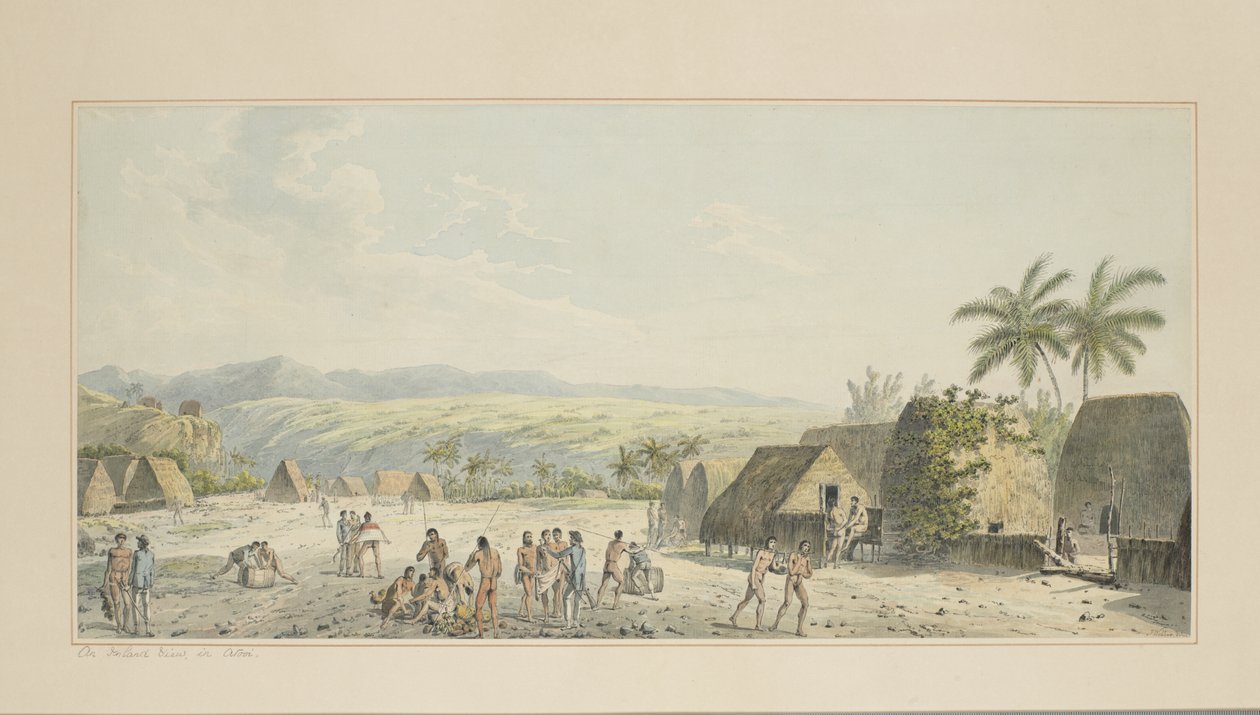19: An Inland View, on Atooi, fra en serie akvareller som illustrerer Captain Cooks siste reise, ca. 1773-84 av John Webber