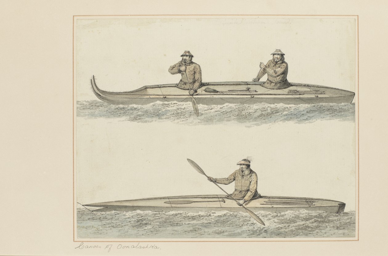 30: Canoes of Onalaska, fra en serie akvareller som illustrerer Captain Cooks siste reise, ca. 1773-84 (wc på papir) av John Webber