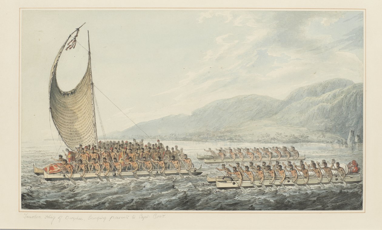 35: Tereoboo, King of Owyhee, bringer gaver til Captain Cook, fra en serie akvareller som illustrerer Captain Cooks siste reise, ca. 1773-84 (akvarell på papir) av John Webber