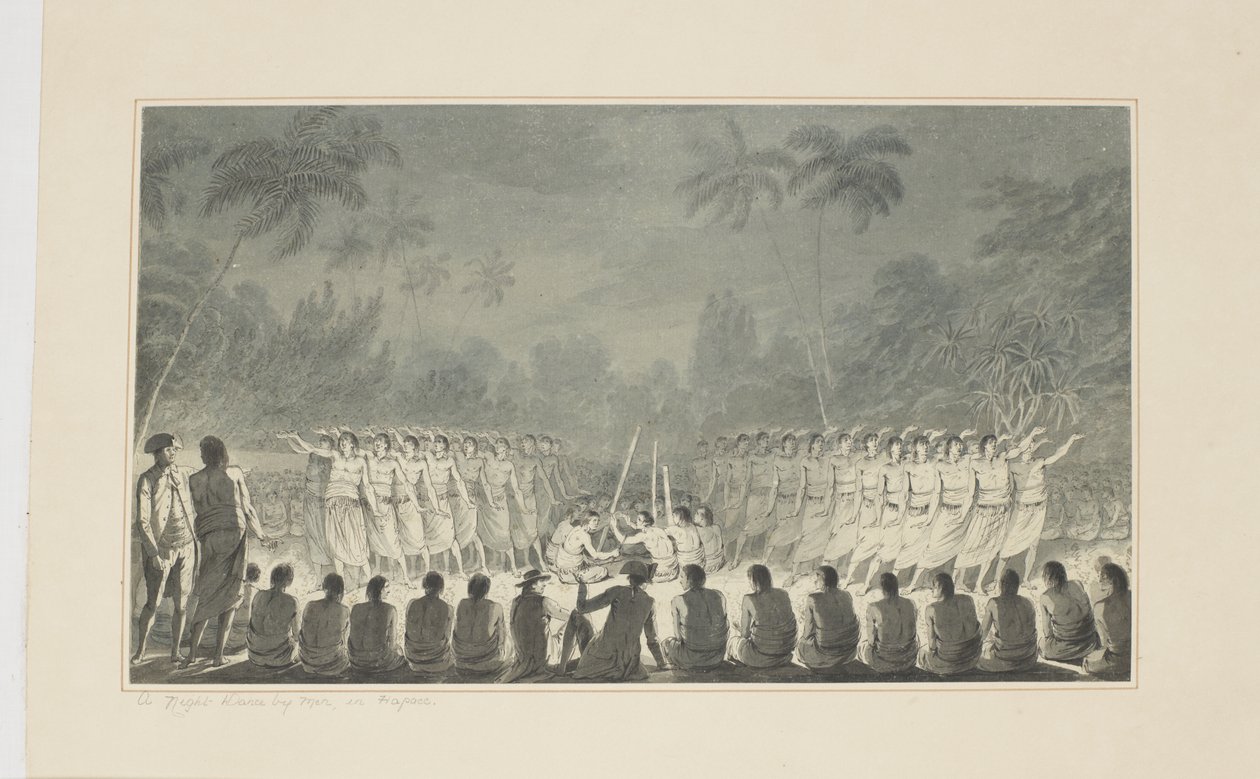 5: A Night Dance by Men, in Hapaee, fra en serie akvareller som illustrerer Captain Cooks siste reise, ca. 1773-84 av John Webber
