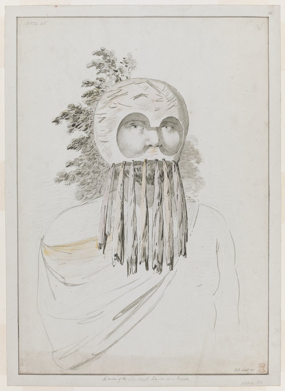 En mann fra Sandwichøyene i en maske. En mann fra Sandwichøyene i en maske som består av en skålhodeplagg med utskjæringer for øynene. av John Webber