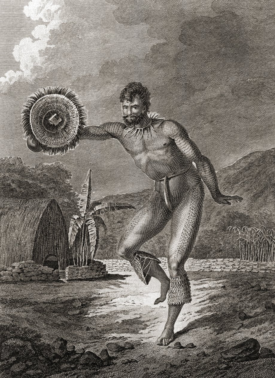 En tatovert danser i tradisjonell drakt, Hawaii, 1778 av John Webber