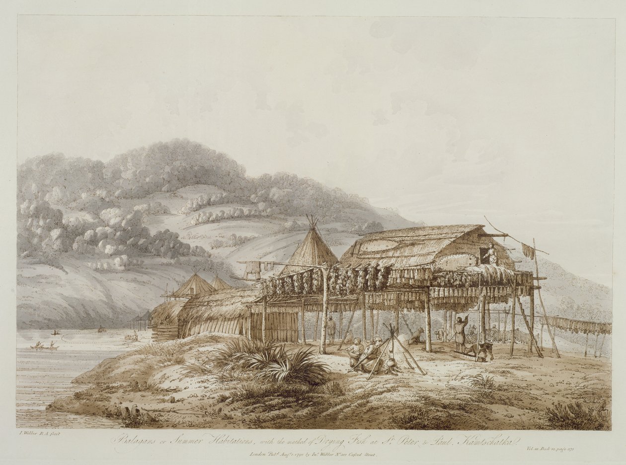 Balagans or Summer Habitations, with the Method of Drying Fish at St. Peter and Paul, Kamtschatka, fra 