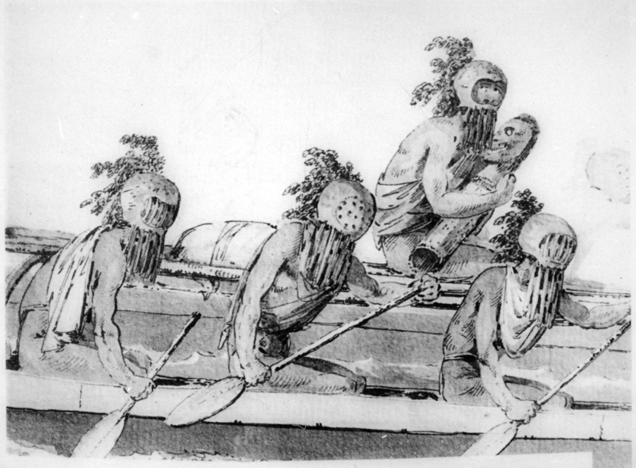 Dobbel kano med roere, Hawaii, 1700-tallet av John Webber
