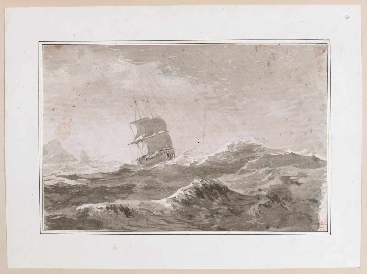 Tegning av et europeisk fartøy under seil i sterk sjø; sannsynligvis ikke et av Cooks skip. Laget under Captain Cooks tredje reise. av John Webber