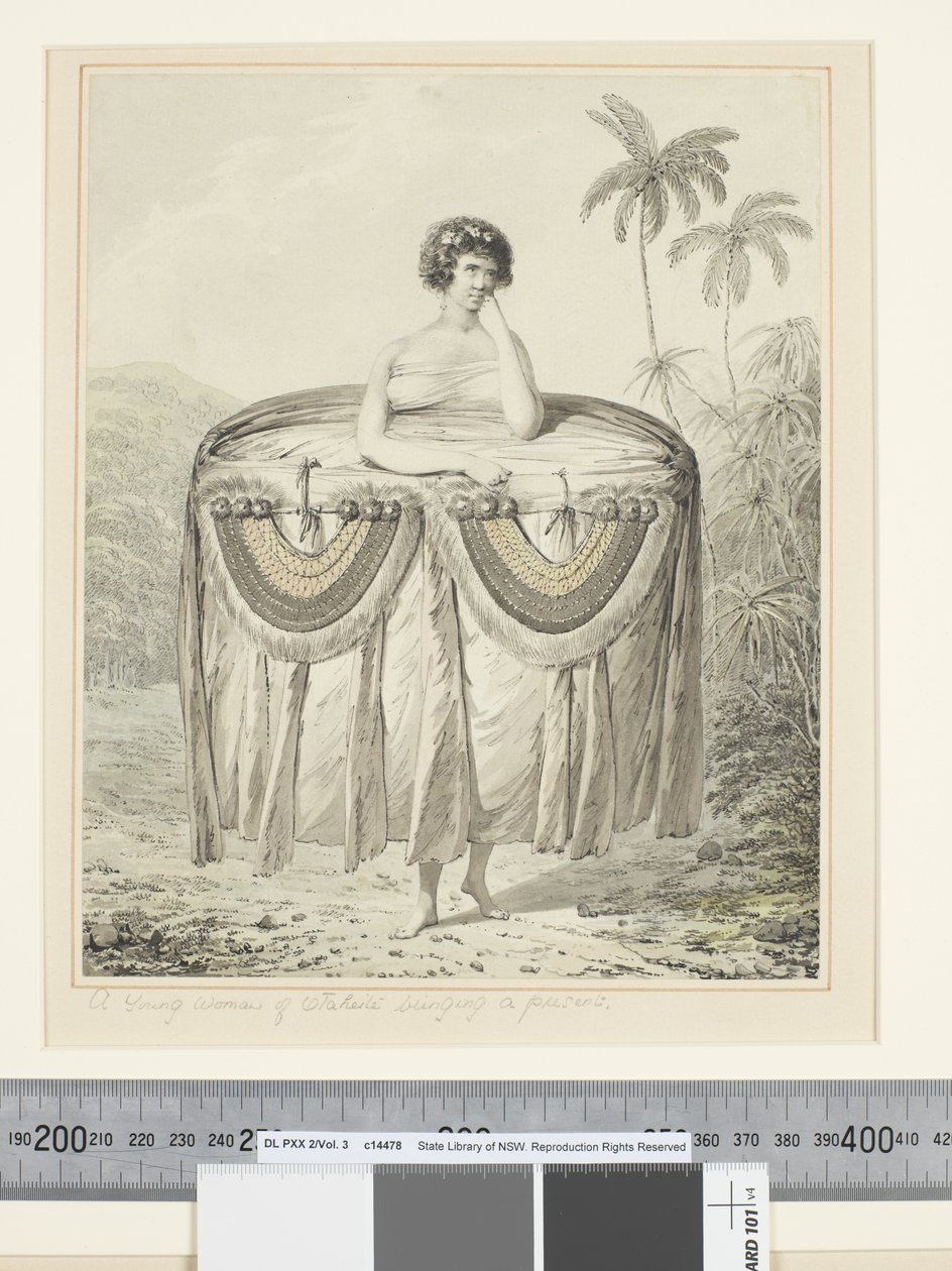 F.12 En ung kvinne fra Otaheite som bringer en gave, ca. 1773-84 (akvarell) av John Webber