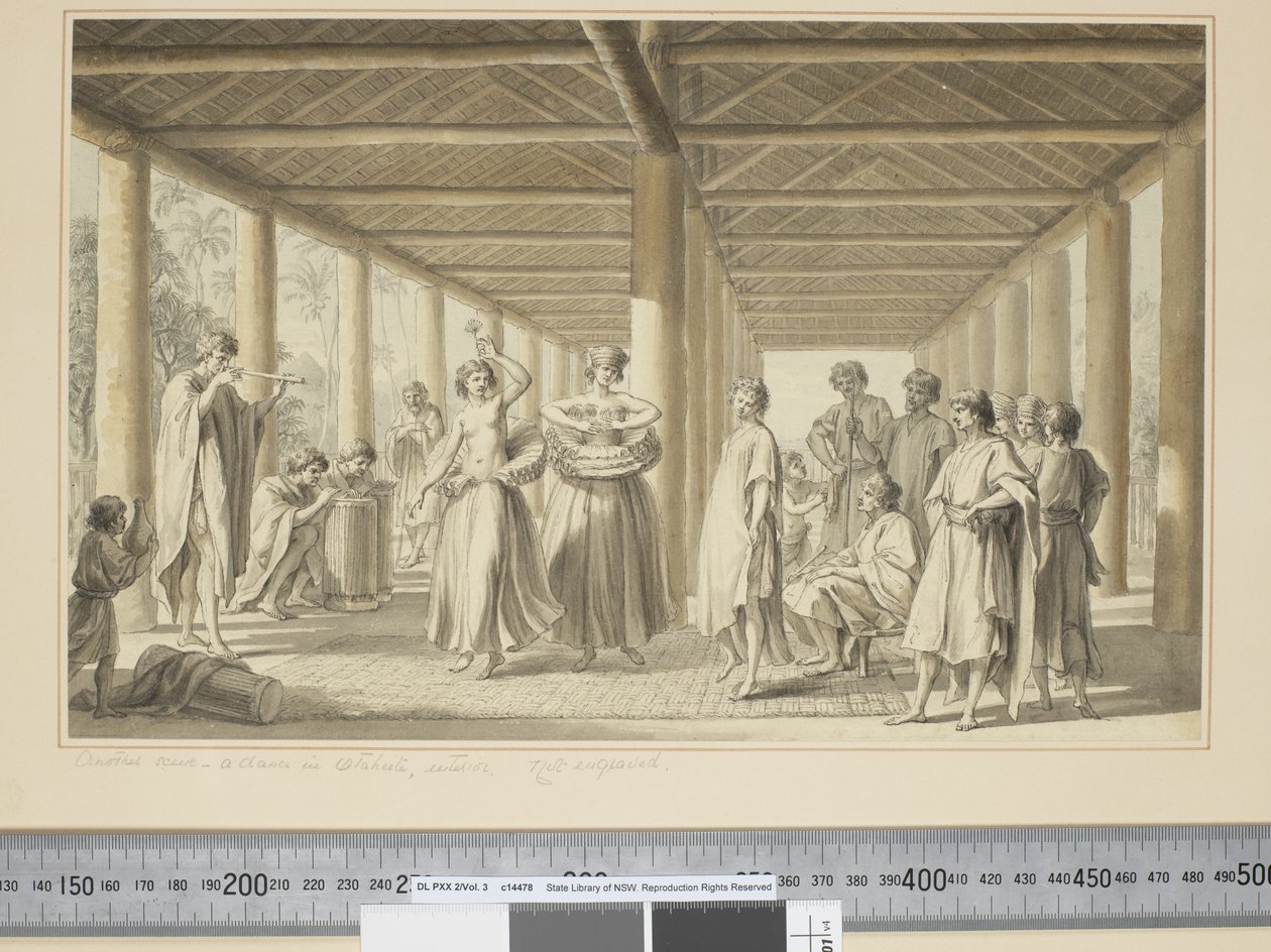 F.14 En annen scene, en dans i Otaheite, eksteriør, ca. 1773-84 (akvarell) av John Webber