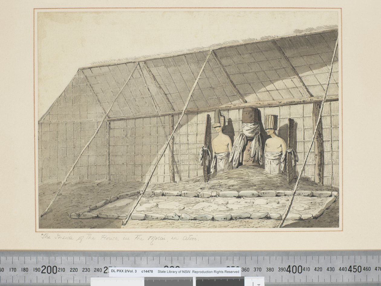 F.18 Innsiden av huset, i Morai, i Atooi, ca. 1773-84 (akvarell) av John Webber