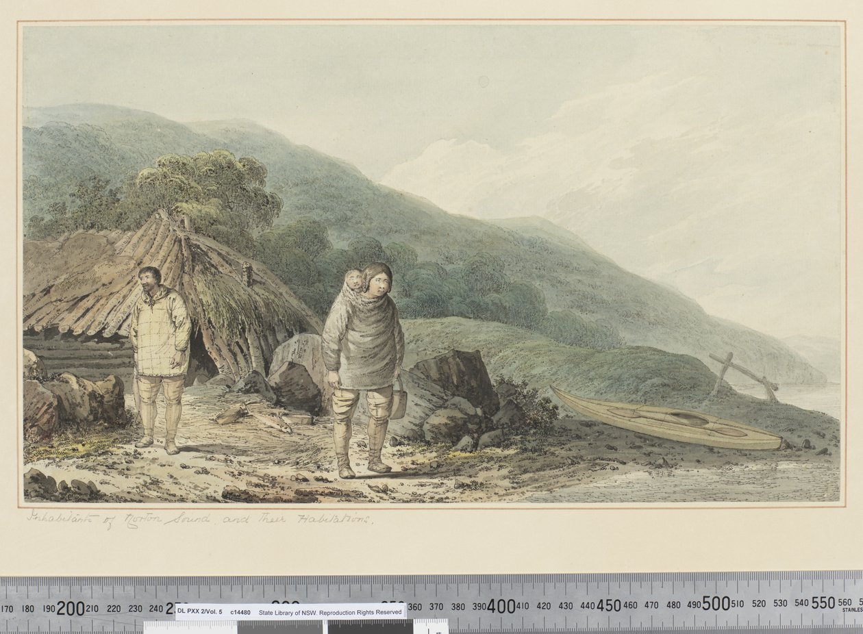 F.33 Innbyggere i Norton Sound og deres boliger, ca. 1773-84 (akvarell) av John Webber