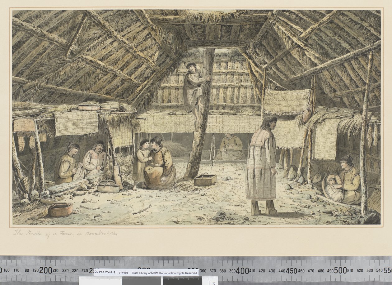 F.34 Innsiden av et hus i Oonalashka, ca. 1773-84 (akvarell) av John Webber