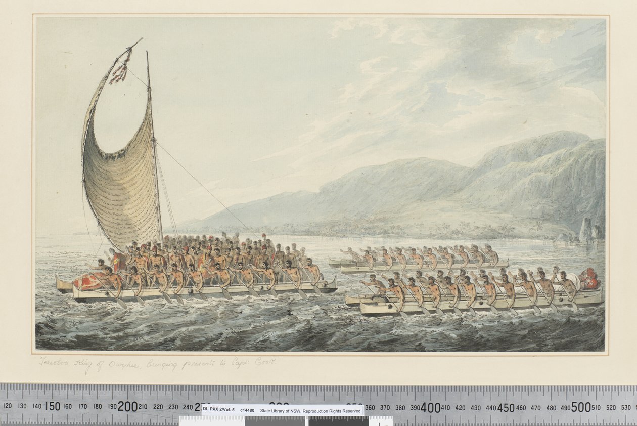 F.35 Tereoboo, konge av Owyhee, bringer gaver til Capt. Cook, ca. 1773-84 (akvarell) av John Webber