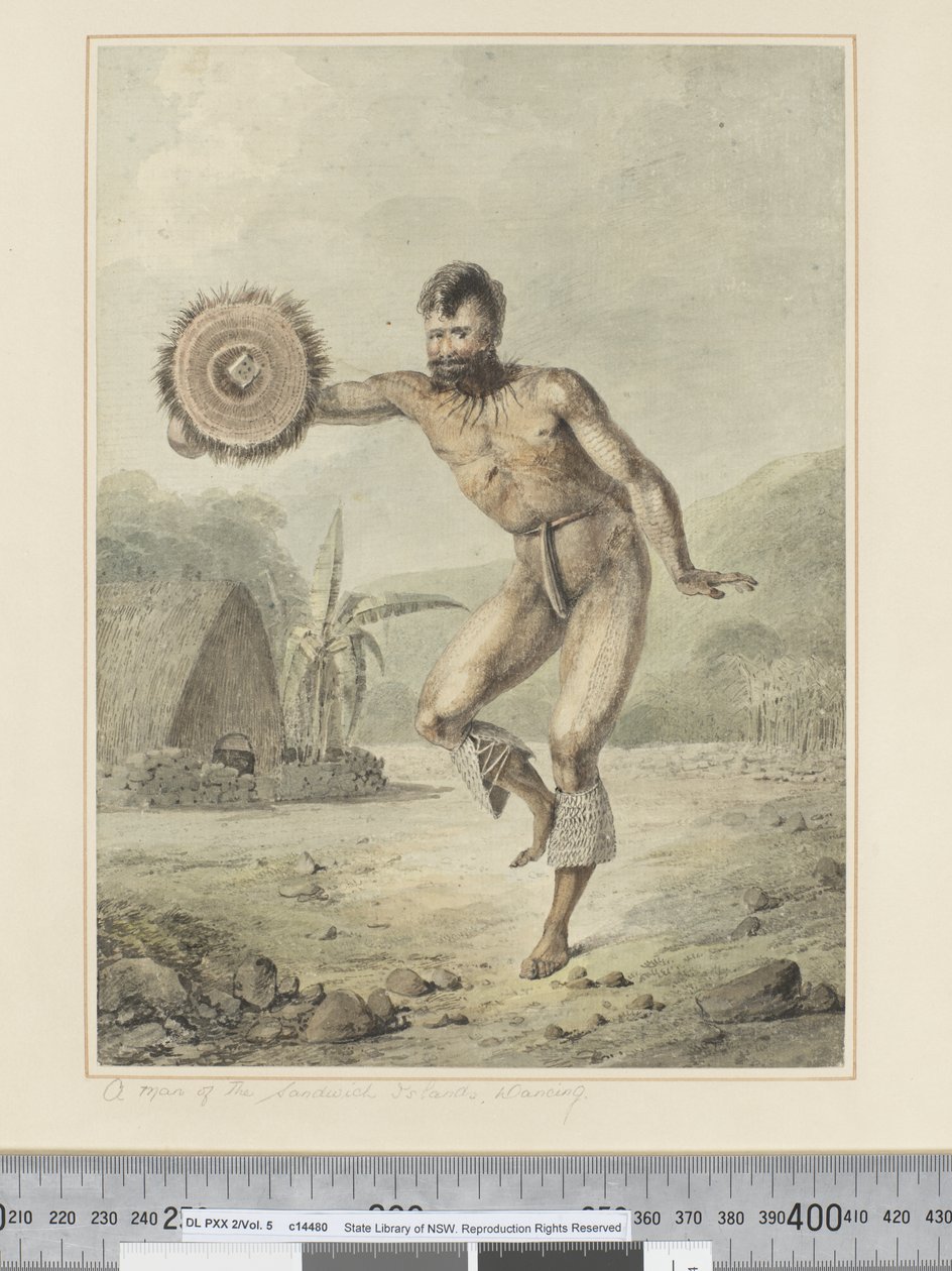 F.36 En mann fra Sandwichøyene, dans, ca. 1773-84 (akvarell) av John Webber