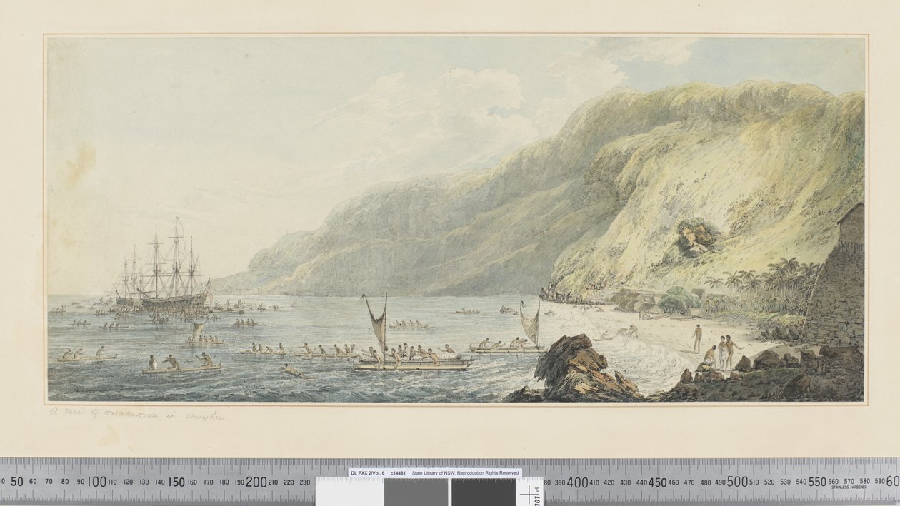 F.39 A View of Karakakooa, i Owyhee, ca. 1783-84 (akvarell) av John Webber