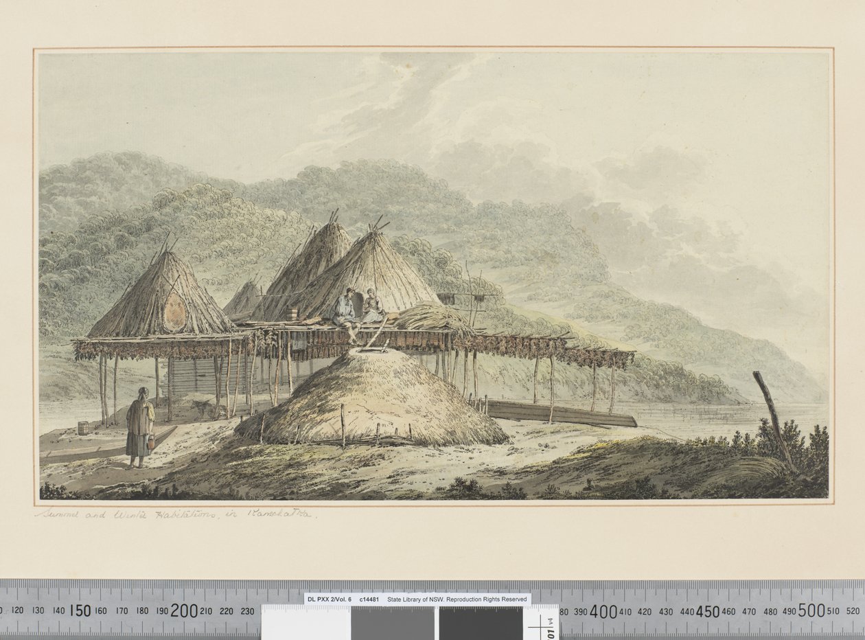 F.42 Sommer- og vinterhabitater i Kamschatka, ca. 1783-84 (akvarell) av John Webber