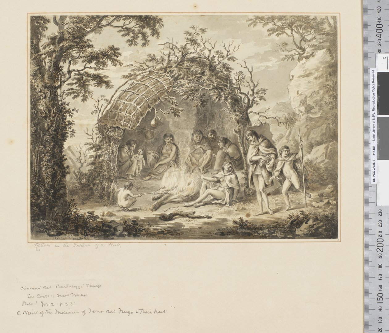 F.43 Innfødte i det indre av en hytte, ca. 1783-84 (akvarell) av John Webber