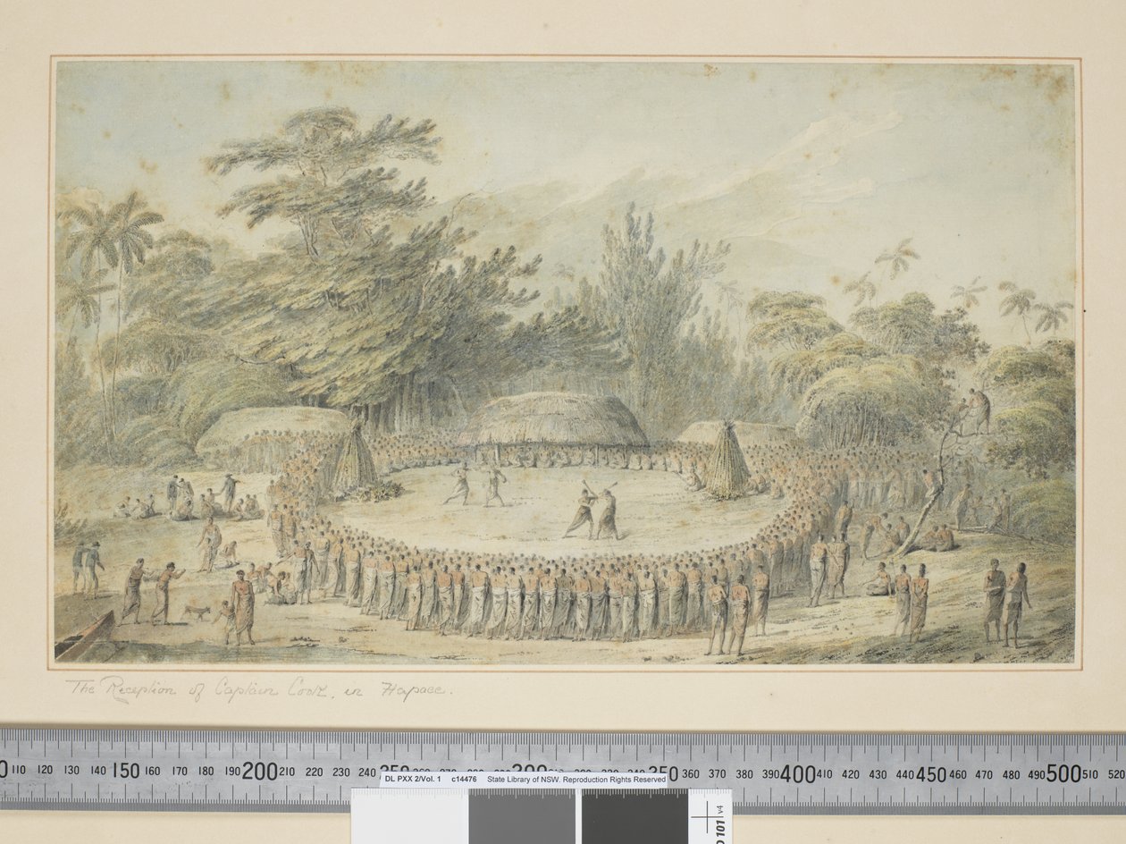 F.4 Mottakelsen av Captain Cook i Hapaee, ca. 1773-84 (akvarell- og trykkgraveringer) av John Webber