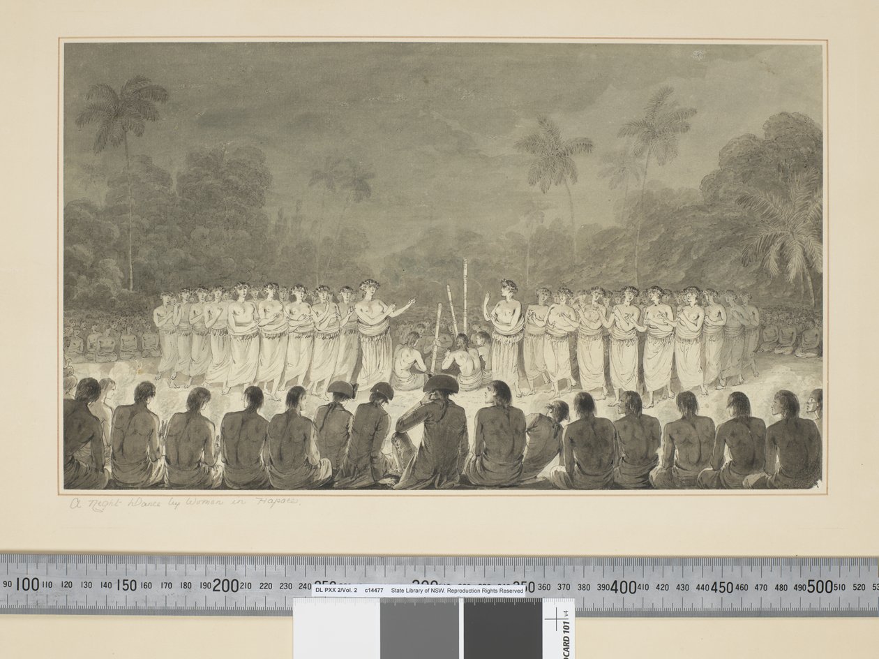 F.6 En nattdans av kvinner i Hapaee, ca. 1773-84 (akvarell) av John Webber
