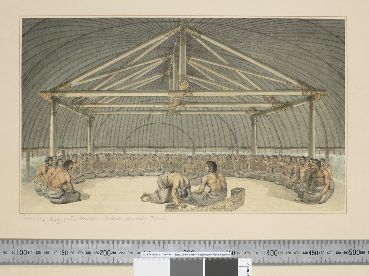F.7 Poulaho, kongen av de vennlige øyene, drikker Kava, ca. 1773-84 (akvarell) av John Webber