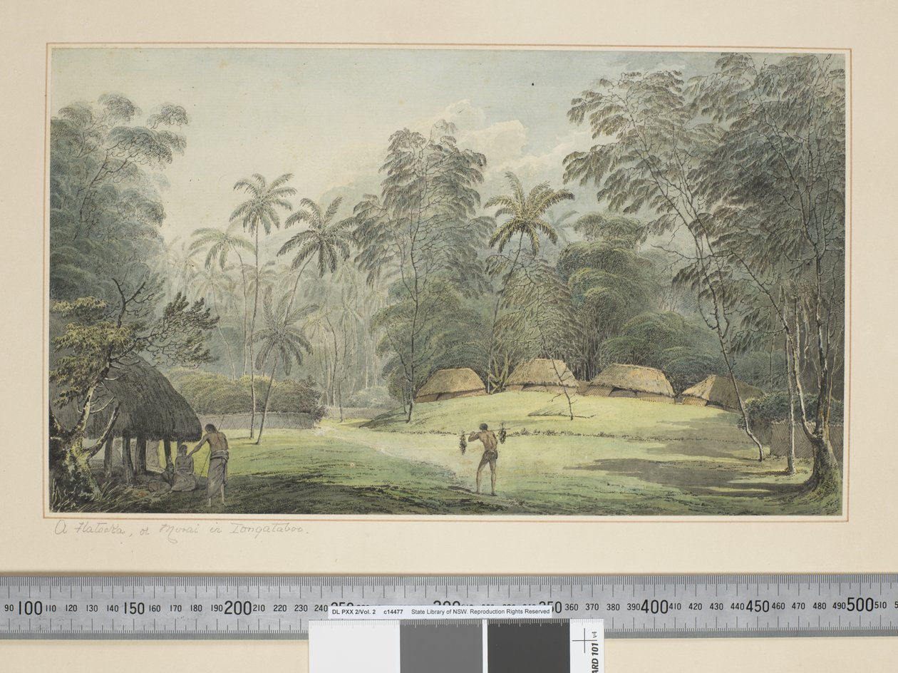 F.8 En Fiatooka, eller Morai i Tongataboo, ca. 1773-84 (akvarell) av John Webber