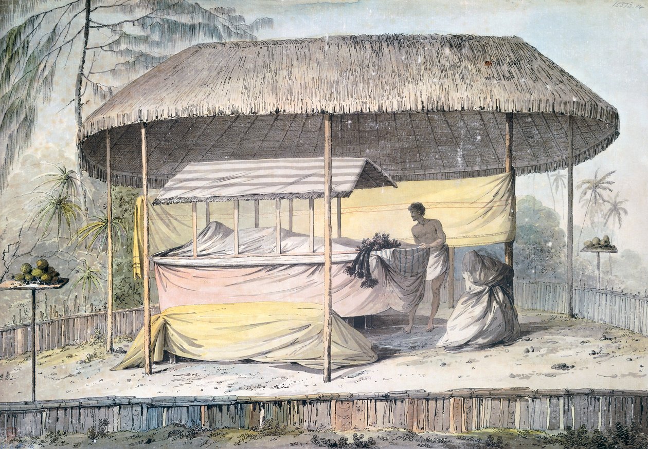 Begravelse med avdøde under baldakin, Tahiti, Society Islands, akvarell av John Webber (1750-1793) fra beskrivelse av kaptein James Cooks siste reise (1776-1779), Polynesia av John Webber