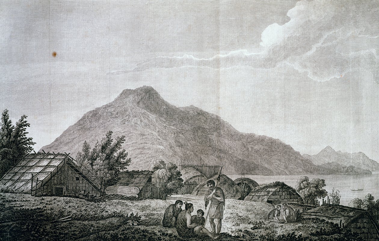 Inne i hippah på øya Motuara, basert på tegning av John Webber (1750-1793), fra beretningen om siste reise til James Cook (1776-1779). gravering av John Webber