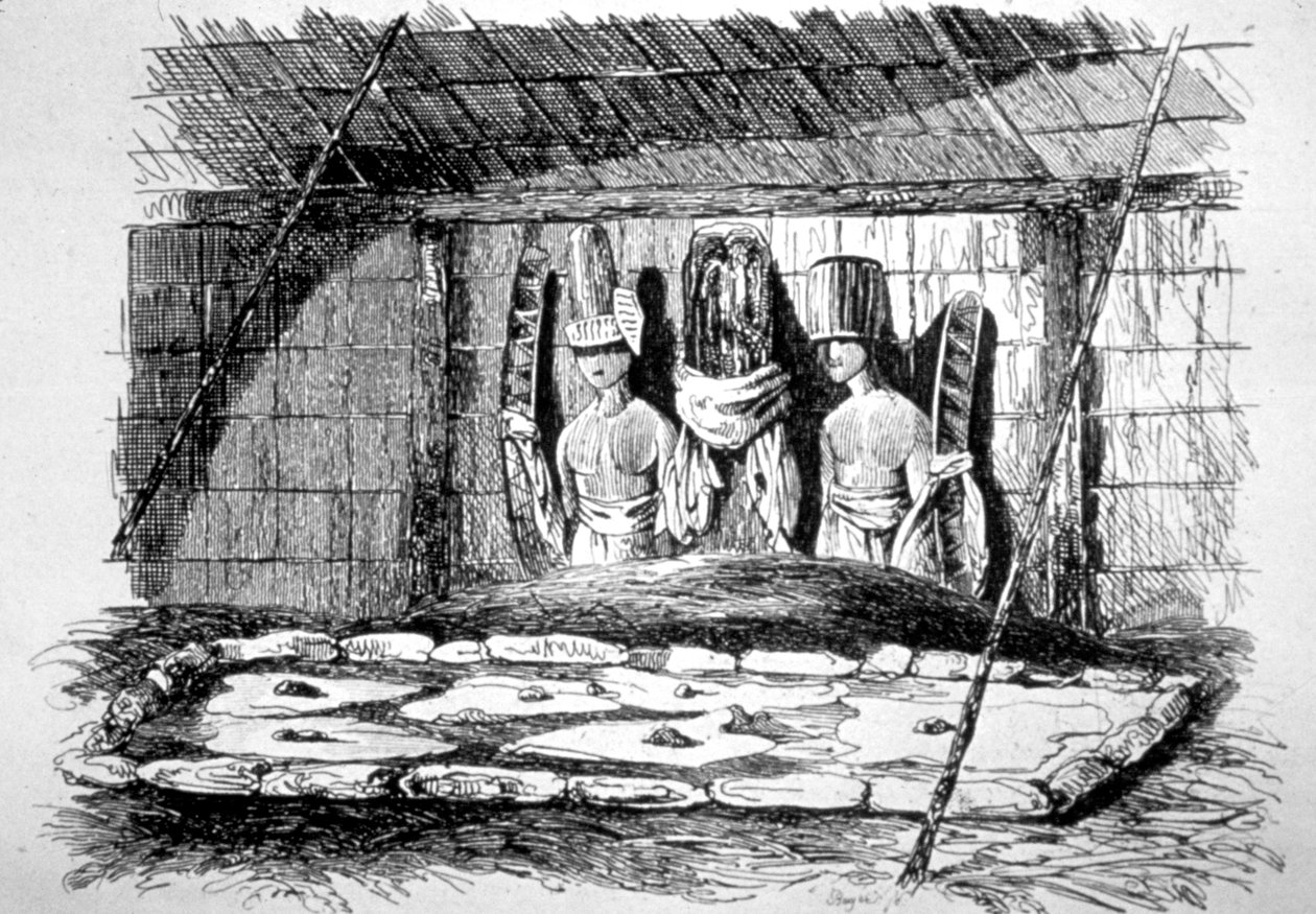 Innsiden av en begravelseshytte, Tahiti, 1700-tallet av John Webber
