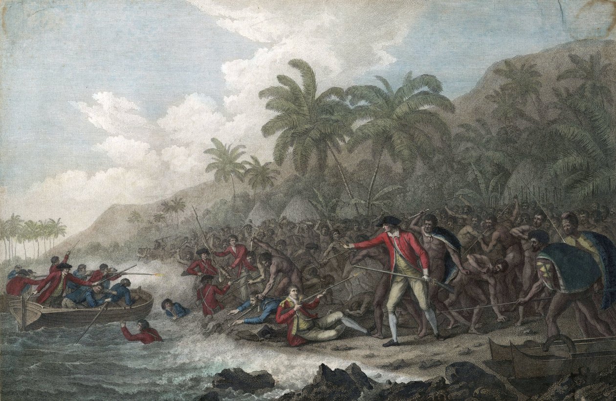 Kaptein James Cook (1728-1779, britisk oppdagelsesreisende) drept av innfødte på Hawaii, i Kealakekua Bay, på Sandwichøyene (Polynesia), i 1779 - Kaptein James Cooks død 14. februar av John Webber