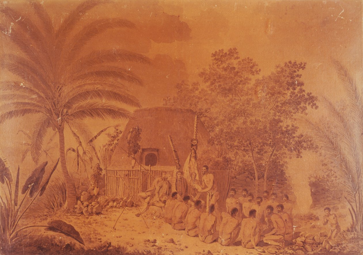 Tilbud til kaptein James Cook, gravering av John Webber, Polynesia 1700-tallet. av John Webber