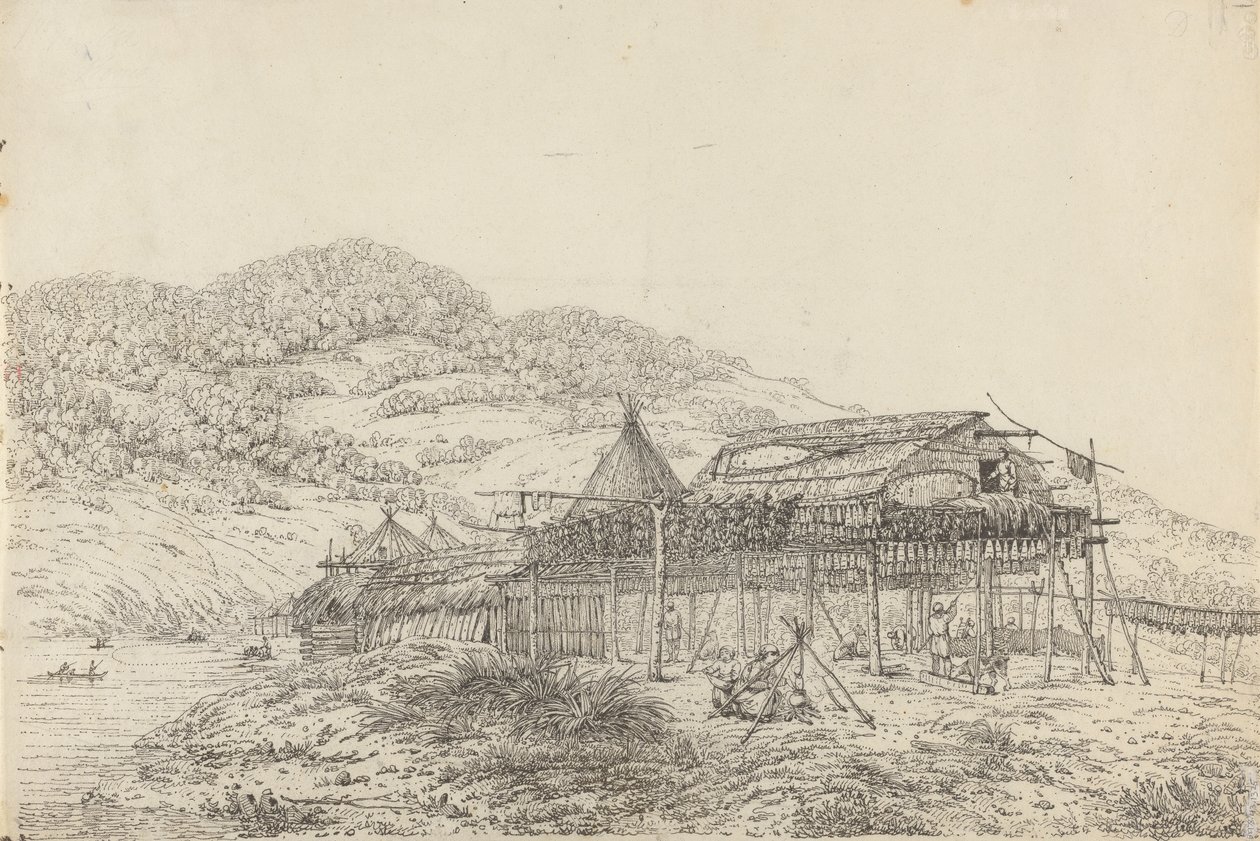The Balagans eller Summer Habitations, med metoden for tørking av fisk, ved St. Peter og Paul, Kamtschatka av John Webber