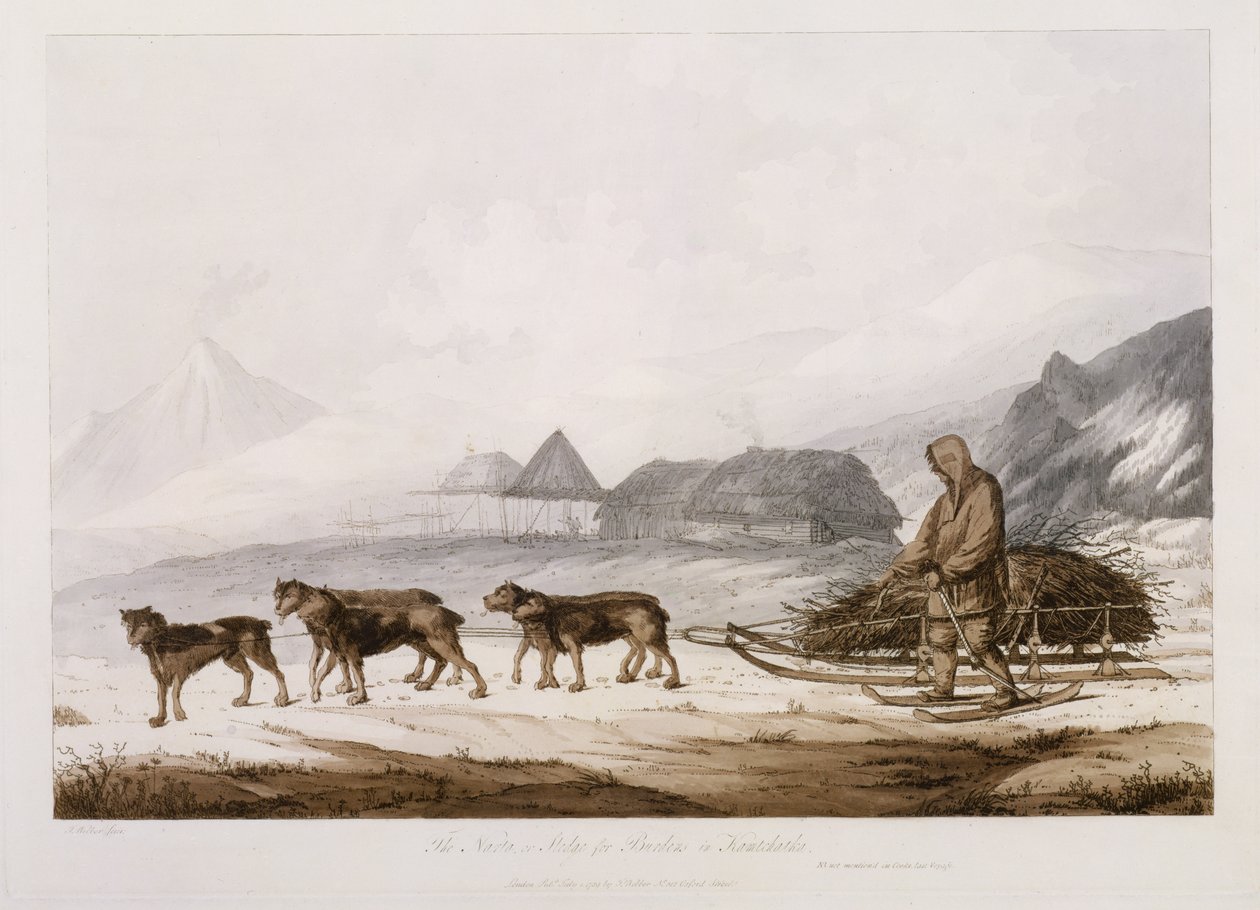 The Narta, eller Sledge for Burdens i Kamtschatka, fra "Views in the South Seas", pub. 1789 av John Webber
