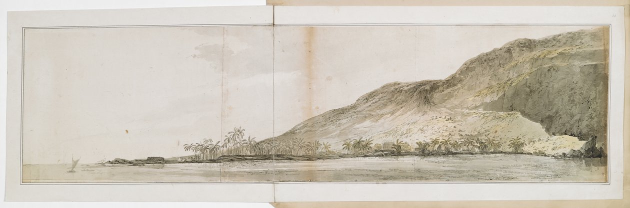 Utsikt over nordpunktet av Kealakekua Bay, på øya Hawaii, tatt fra 'Resolution'. Den ble gjort under besøket på Hawaii-øyene fra 17. januar til 23. februar 1779, hvor kaptein Cook ble drept 14. februar, på den tredje reisen. av John Webber