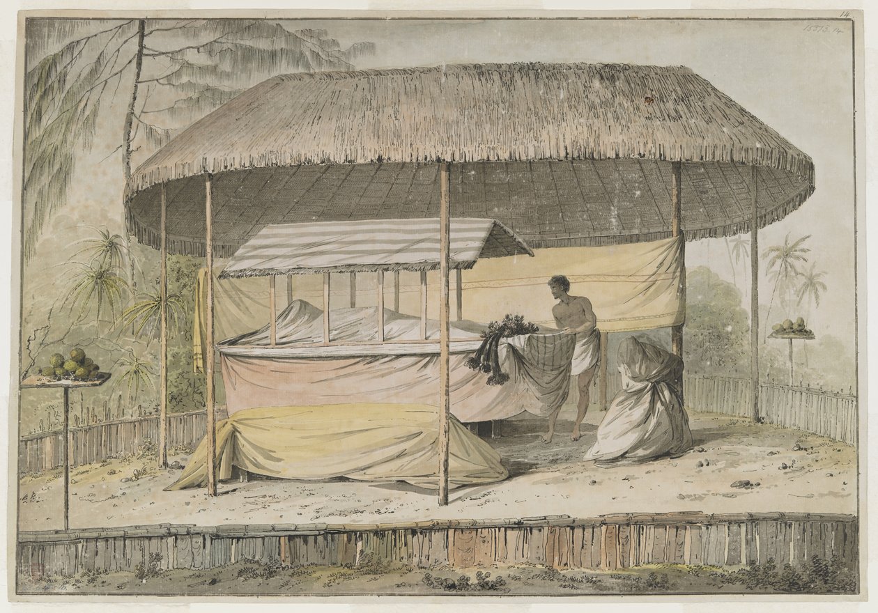 Waheiadooa, sjef for Oheitepeha, liggende i staten, registrert av kaptein Cook under hans besøk til Tahiti 19. august 1777. En begravelsesscene støtter det innhyllede liket og en ledsager. De er skjermet av en markise med gresstak, og er omgitt av en lav p av John Webber