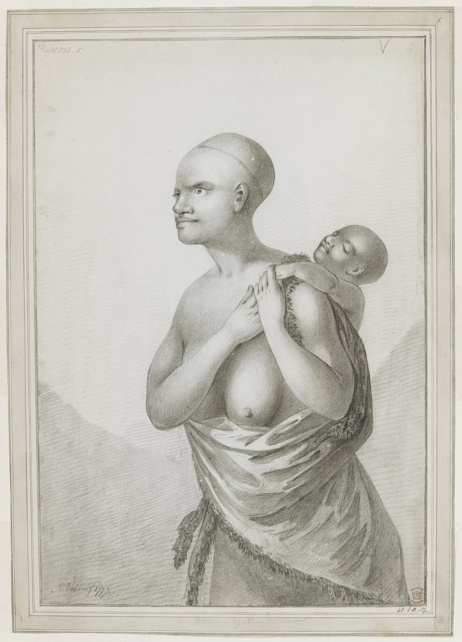 [Hele tegningen] En tasmansk kvinne som bærer et barn på ryggen, med en hud slengt fra venstre skulder rundt midjen. januar 1777 av John Webber