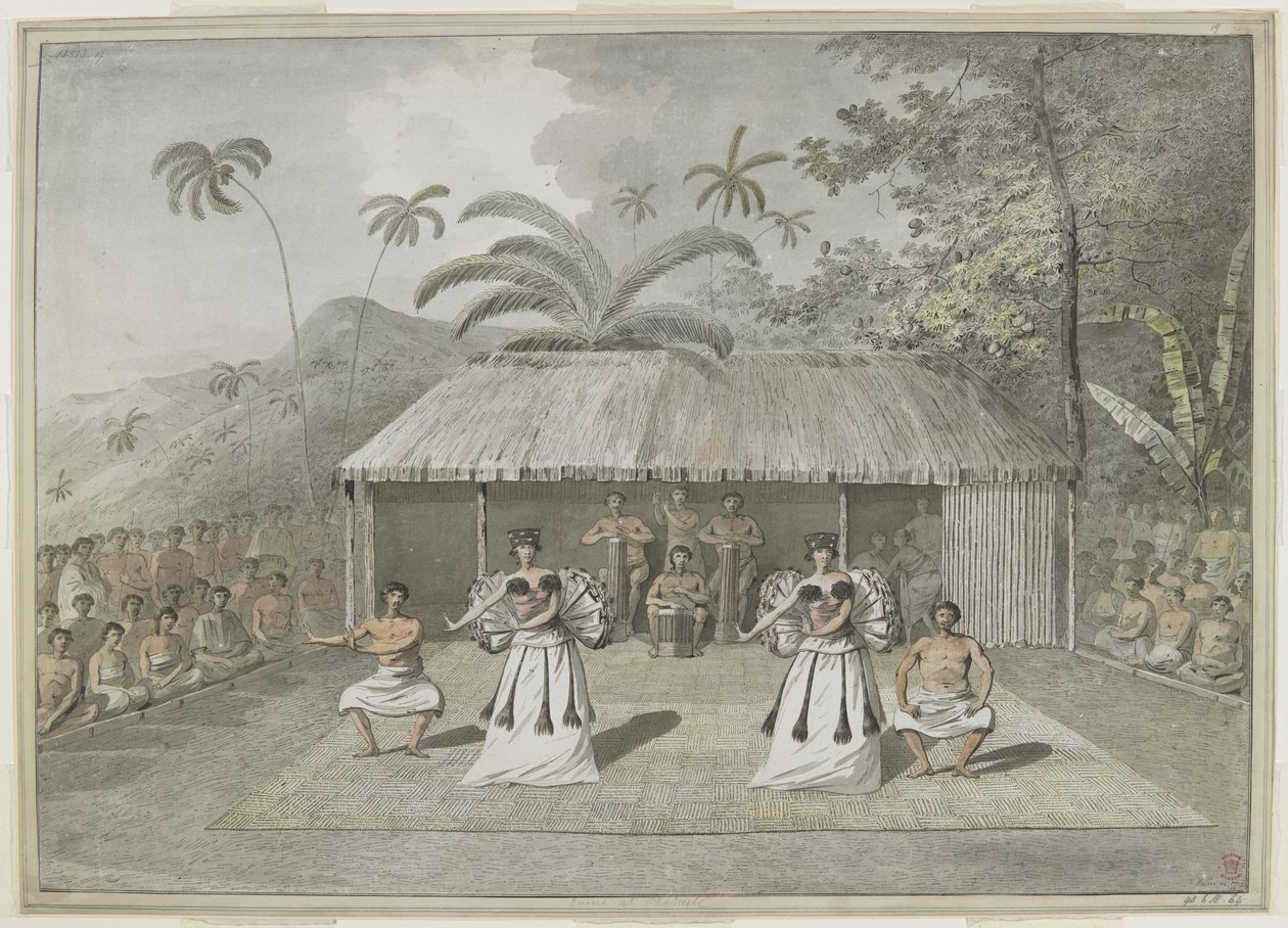 [Hele tegningen] En dans eller heiva på Otaheite [Tahiti]. To menn og to kvinner danser, med trommeslagere bak, og tilskuere på hver side. september 1777 av John Webber
