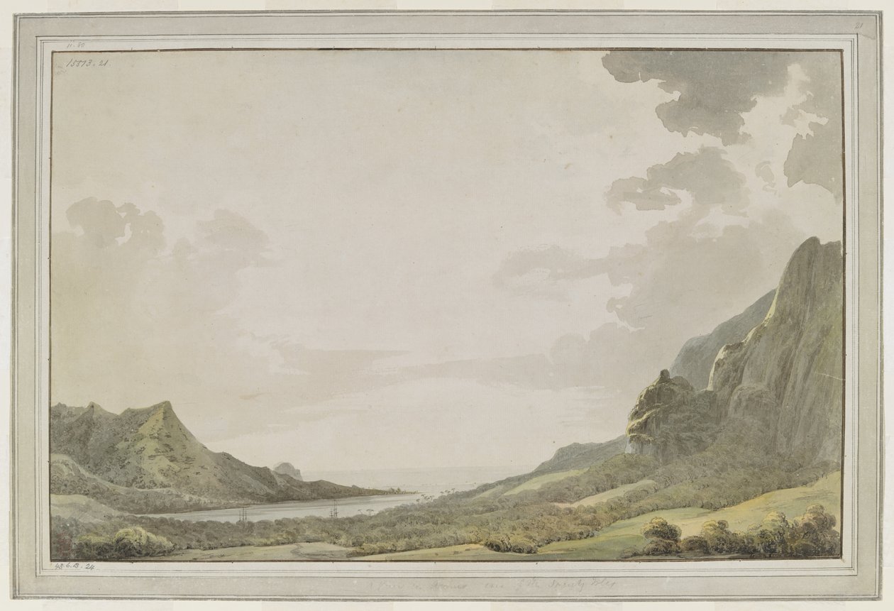 [Hele tegningen]. En utsikt fra Aimeo havn [Papetoai Bay,] med utsikt mot havet; mastene til 'Resolution' og 'Discovery' er synlige i bukta. Kaptein Cook besøkte Moorea i oktober 1777 av John Webber