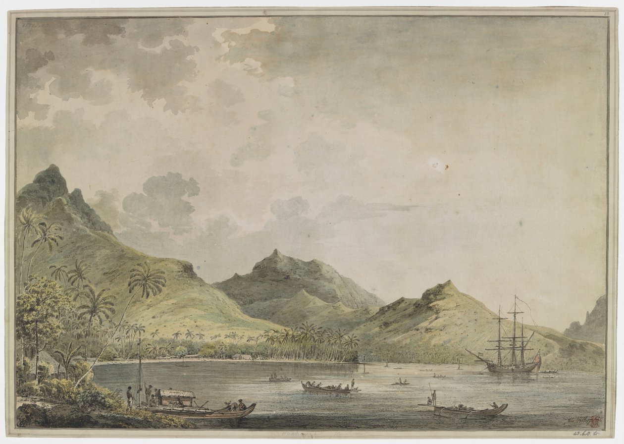 [Hele tegningen]. En utsikt over havnen i Huahine [Fare Harbour]. med fjelltopp, inkludert Turi-fjellet, i bakgrunnen. I bukten er 'Resolution' og mange innfødte fartøyer, og på kysten passer en gruppe innfødte en dobbel kano med et dekkshus av John Webber