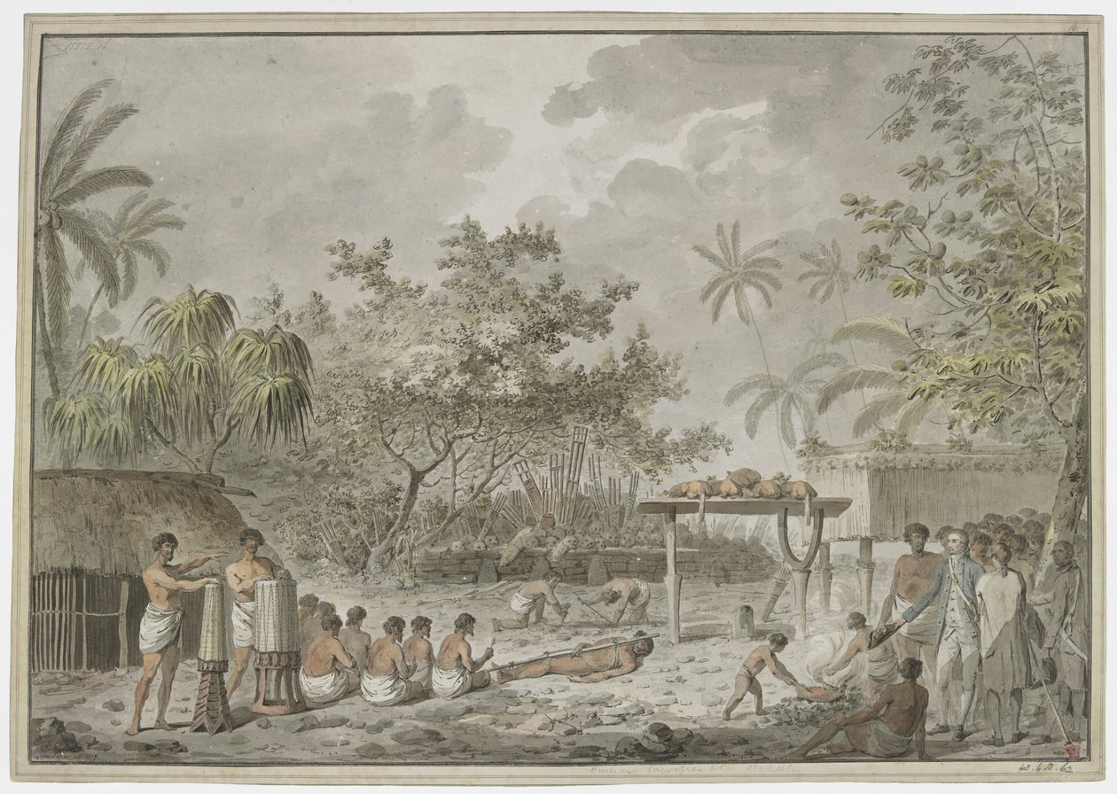 [Hele tegningen] Menneskeofring ved den store morai ved Attahouroo [Utuaimahurau], Tahiti, bevitnet av kaptein Cook 1. september 1777. En bundet figur i forgrunnen, med menn som graver et hull for kroppen bak, og det som inneholder to hunder og thr av John Webber