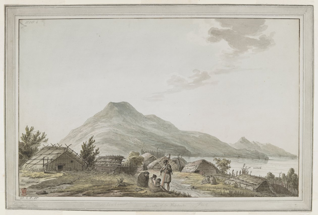 [Hele tegningen] Utsikt over Hippah, eller befestet landsby, på det sørvestlige punktet av Motuara i Queen Charlotte Sound. Utsikten ser nordover, med Motuara i bakgrunnen. Tegningen kan være et resultat av kaptein Cooks besøk 15. februar 1777. Ma av John Webber