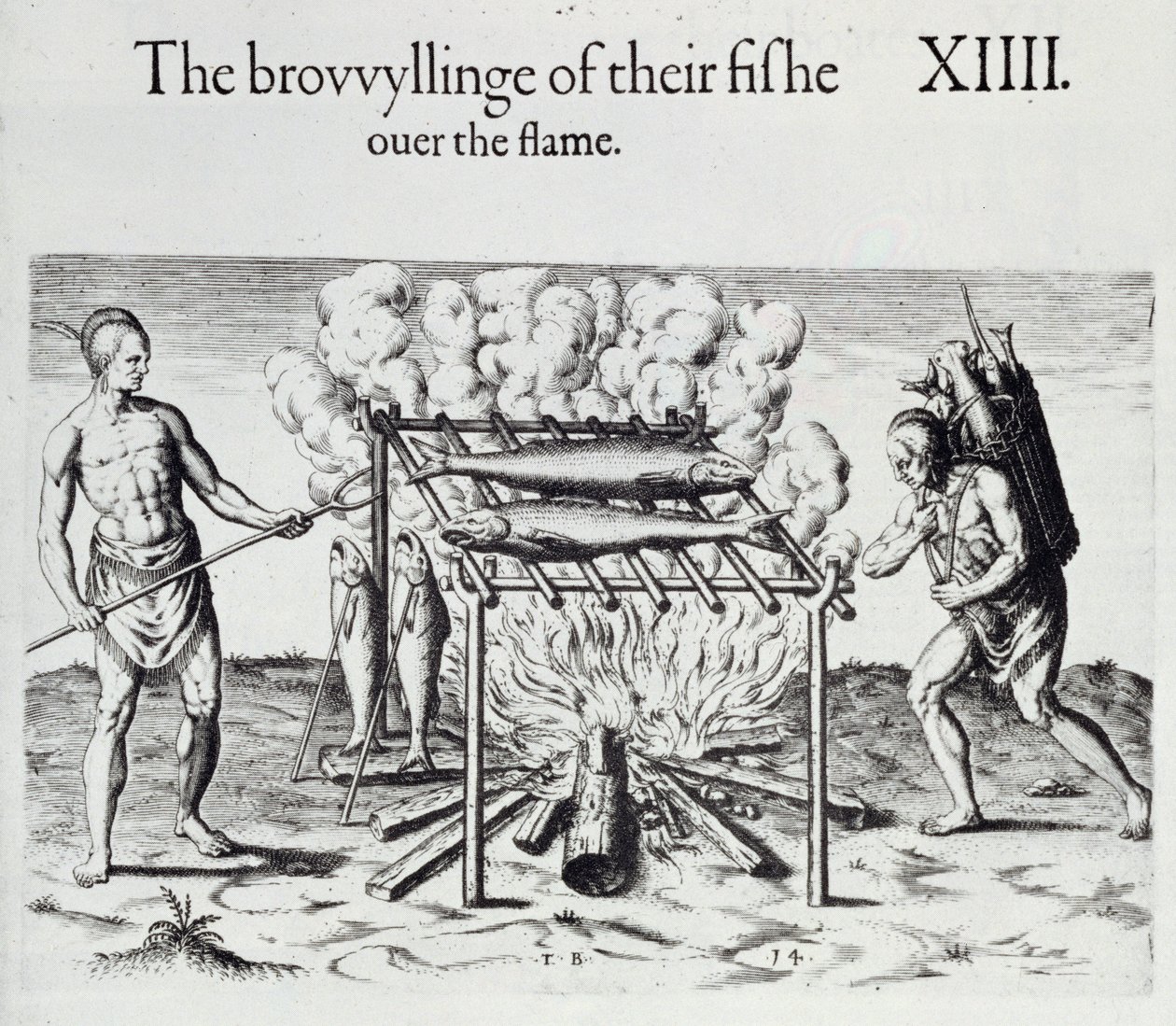 Cooking Fish, tallerken fra "A Brief and True Report of the New Found Land of Virginia" av Thomas Harriot (1560-1621) pub. 1590 av John White
