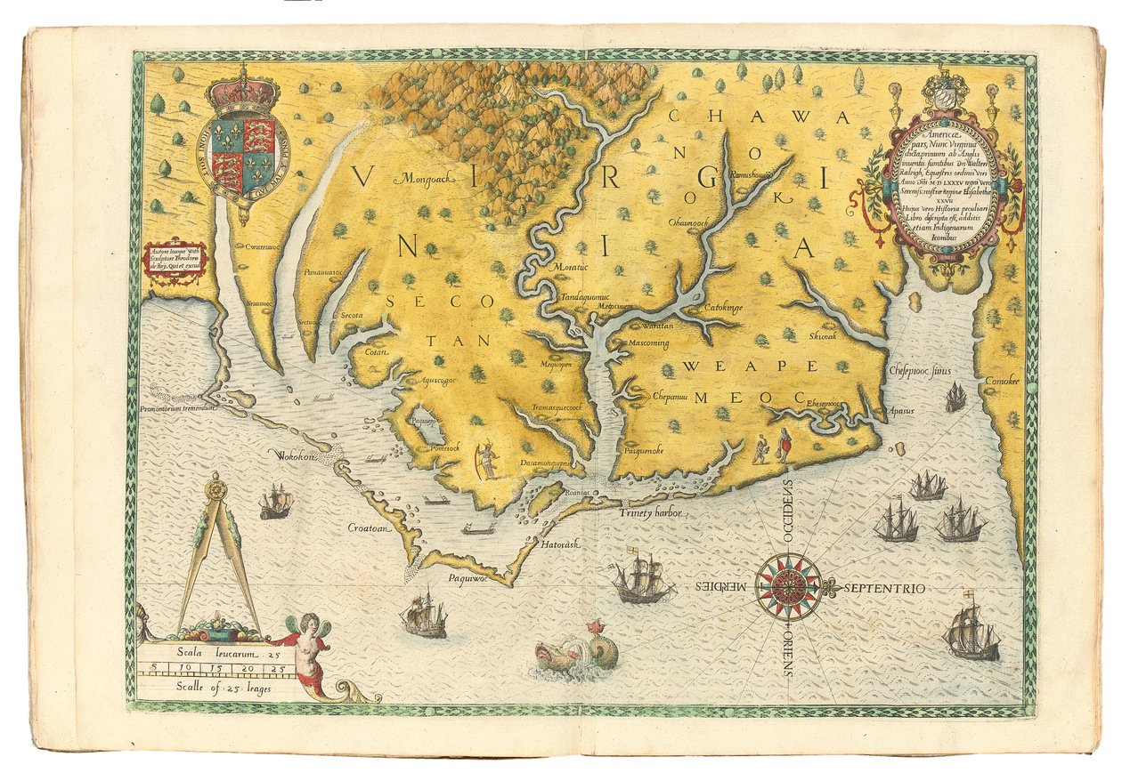 Kart over Virginia som viser ankomsten til Sir Walter Raleighs ekspedisjon i 1585, 1590 av John White