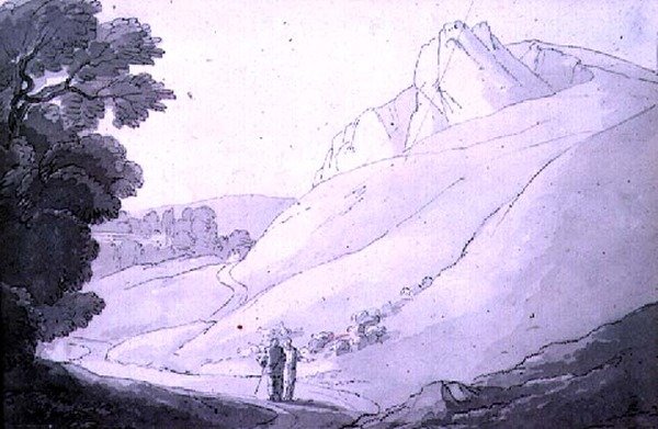 Et kupert landskap med to figurer (penn, blekk og akvarell) av John White Abbott
