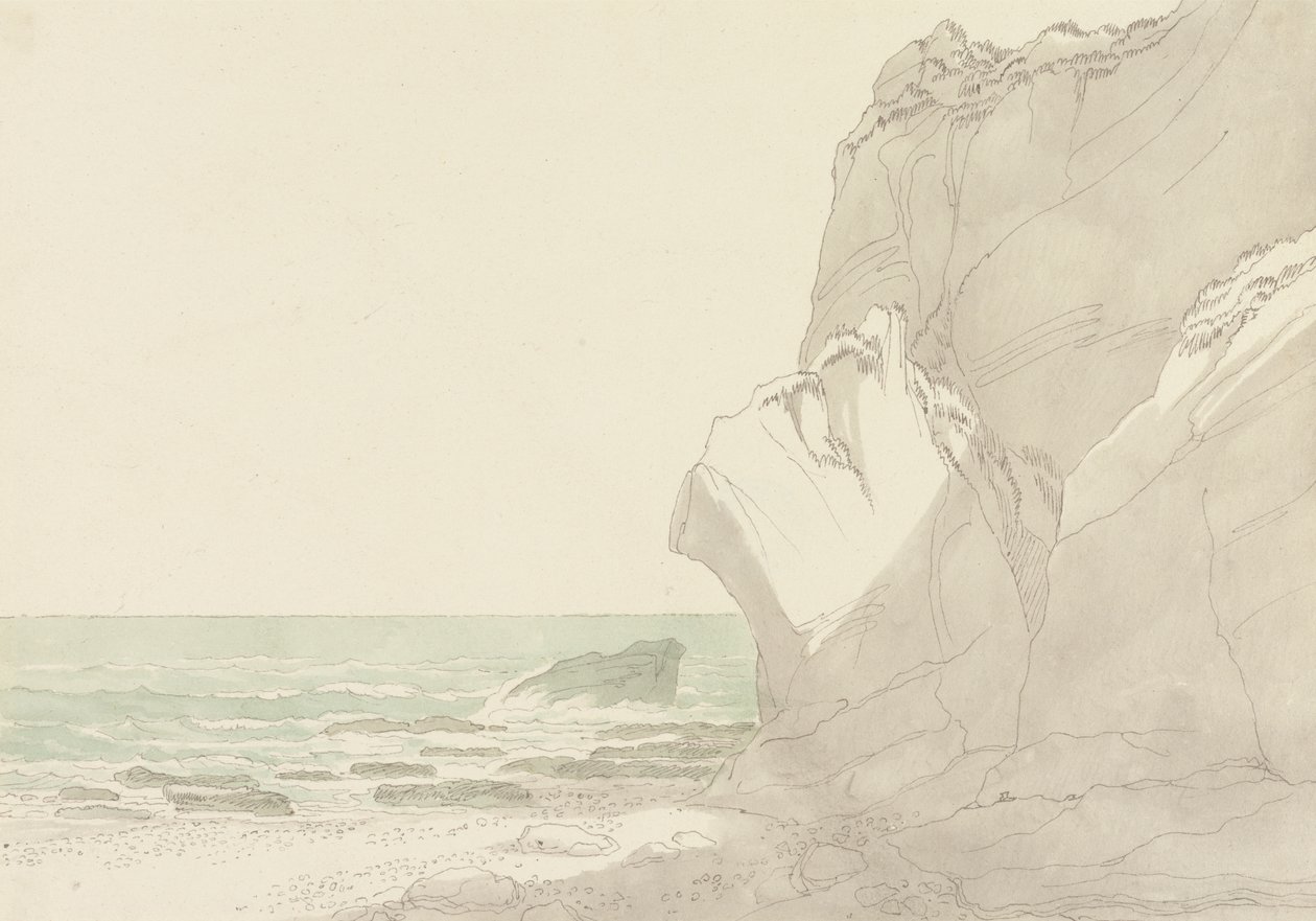 The Warren nær Exmouth, Devon: Steep Cliffs Rising at Right, Sea and Rocky Shore til venstre av John White Abbott