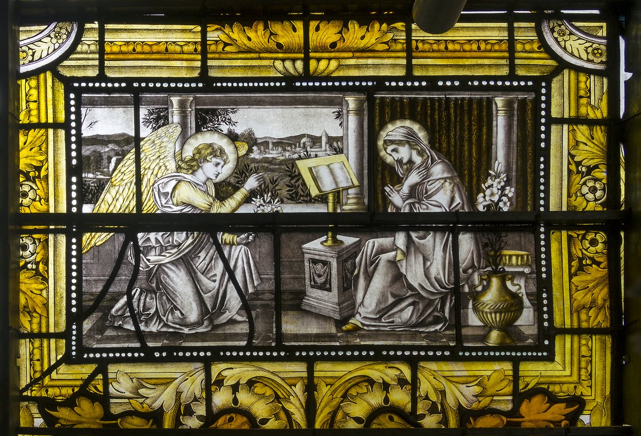 Oxford, Trinity College, James Powell & Sons, John William Brown (1842-1928), The Annunciation, 1885 av John William Brown