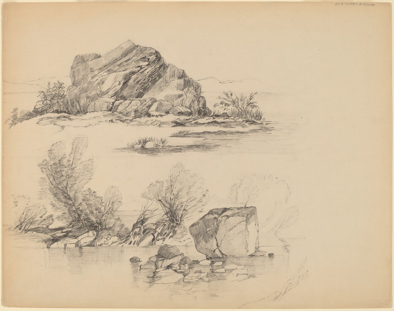 Steiner langs en innsjø [recto] av John William Casilear