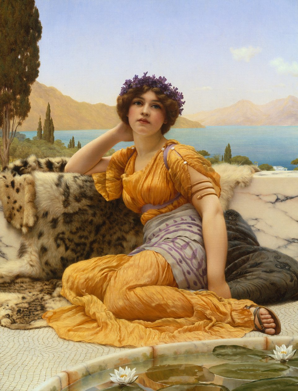 Med Violets Wreathed og Robe of Saffron Hue av John William Godward